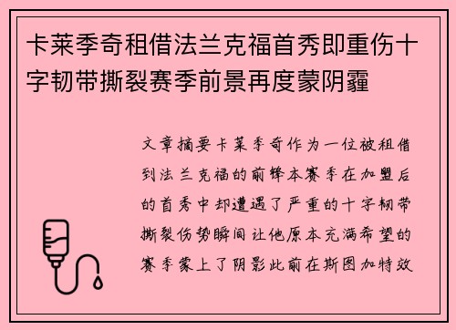 卡莱季奇租借法兰克福首秀即重伤十字韧带撕裂赛季前景再度蒙阴霾 卡莱季奇租借法兰克福首秀即重伤十字韧带撕裂赛季前景再度蒙阴霾